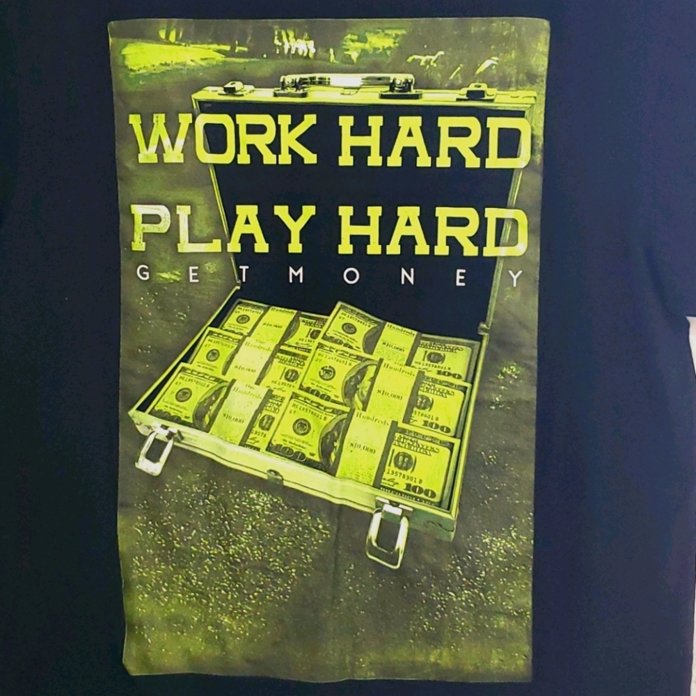 FLYING HORSE 'Work hard, Play Hard, get money' black short sleeve graphic t 3XL